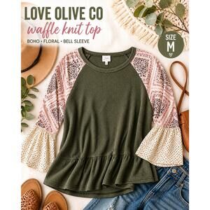 Love Olive Co Olive Waffle Knit Top Mixed Print Bell Sleeve Boho Size M
